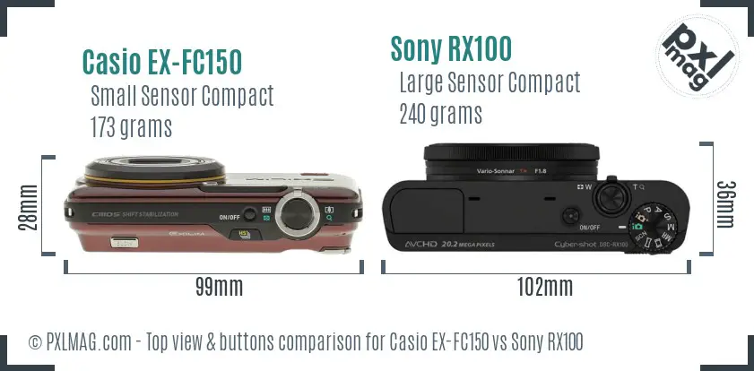 Casio EX-FC150 vs Sony RX100 top view buttons comparison