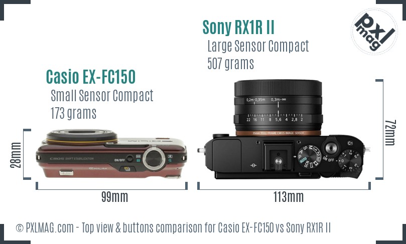Casio EX-FC150 vs Sony RX1R II top view buttons comparison