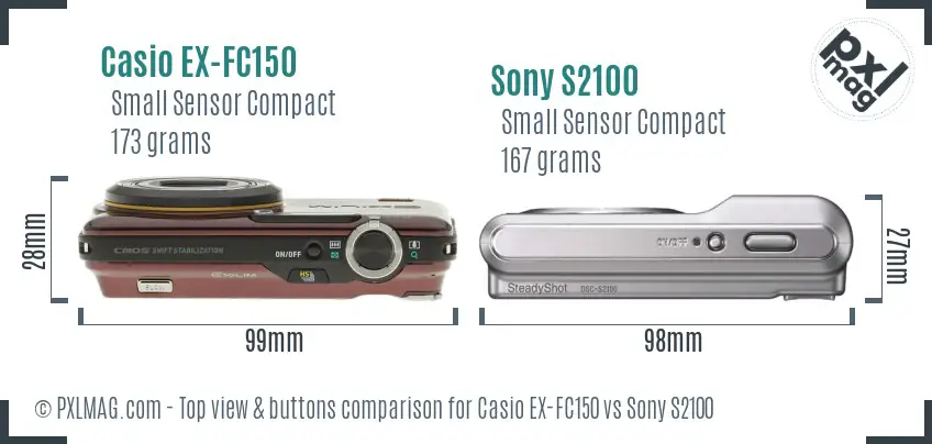 Casio EX-FC150 vs Sony S2100 top view buttons comparison Casio EX-FC150 vs Sony S2100 top view buttons comparison