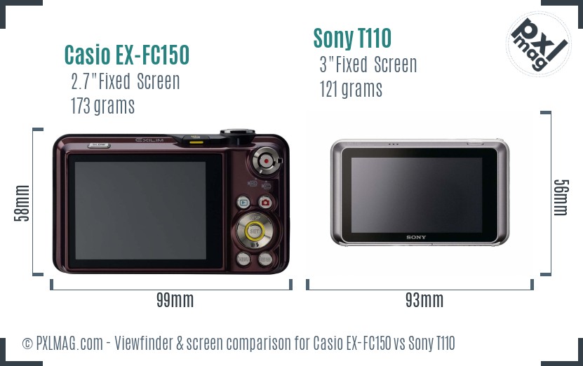 Casio EX-FC150 vs Sony T110 Screen and Viewfinder comparison