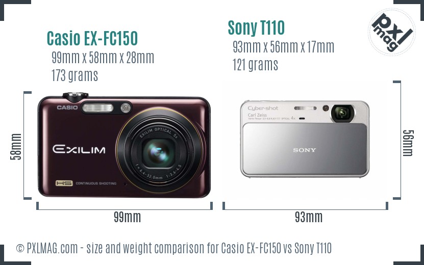 Casio EX-FC150 vs Sony T110 size comparison
