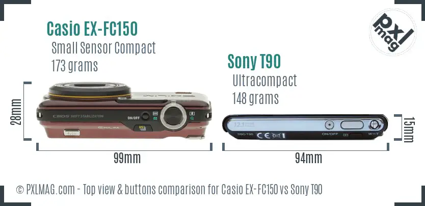 Casio EX-FC150 vs Sony T90 top view buttons comparison