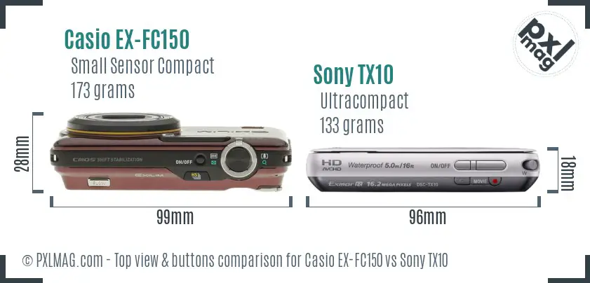 Casio EX-FC150 vs Sony TX10 top view buttons comparison Casio EX-FC150 vs Sony TX10 top view buttons comparison
