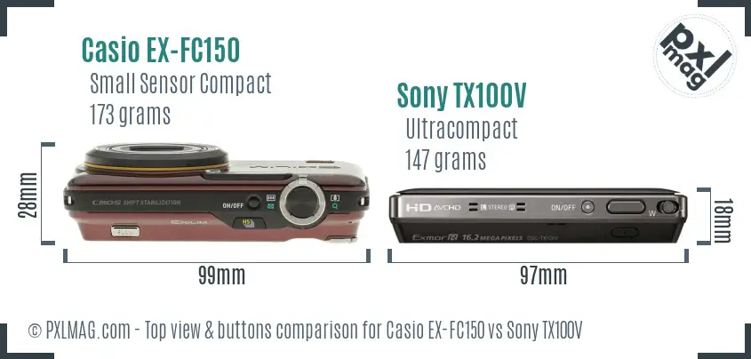 Casio EX-FC150 vs Sony TX100V top view buttons comparison Casio EX-FC150 vs Sony TX100V top view buttons comparison
