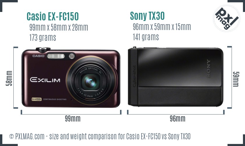 Casio EX-FC150 vs Sony TX30 size comparison