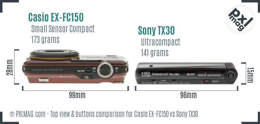 Casio EX-FC150 vs Sony TX30 top view buttons comparison