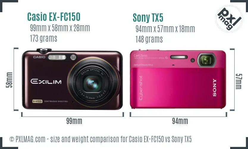 Casio EX-FC150 vs Sony TX5 size comparison