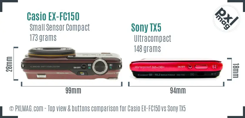 Casio EX-FC150 vs Sony TX5 top view buttons comparison Casio EX-FC150 vs Sony TX5 top view buttons comparison