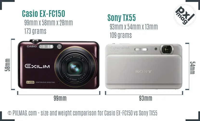 Casio EX-FC150 vs Sony TX55 size comparison