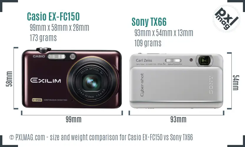 Casio EX-FC150 vs Sony TX66 size comparison