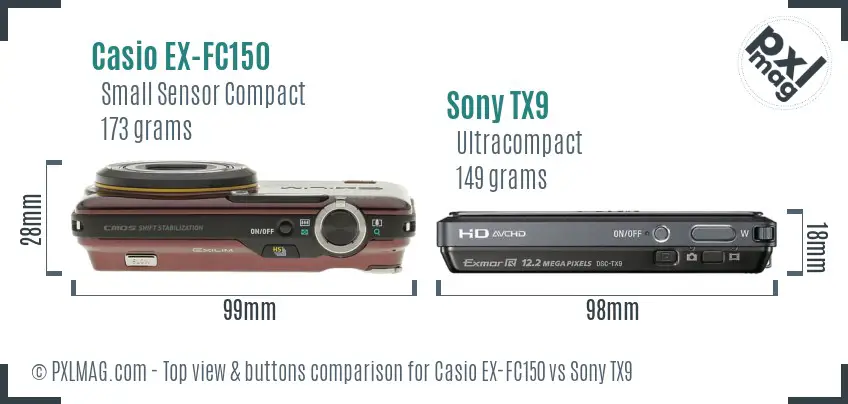 Casio EX-FC150 vs Sony TX9 top view buttons comparison Casio EX-FC150 vs Sony TX9 top view buttons comparison