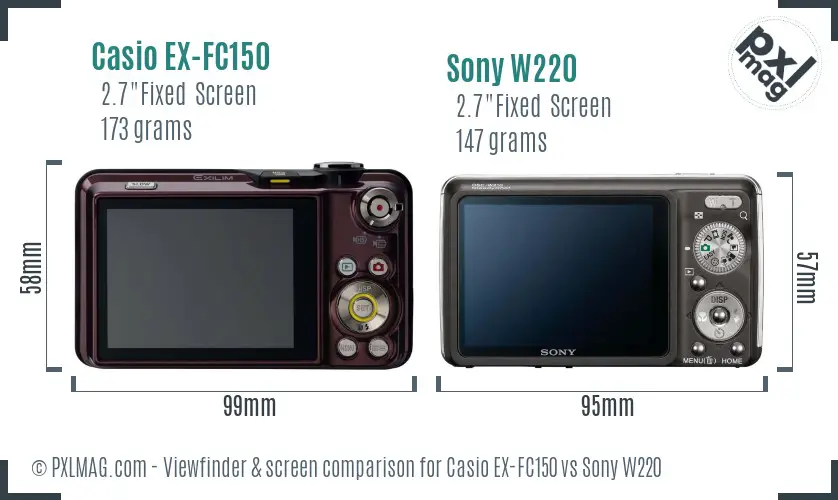 Casio EX-FC150 vs Sony W220 Screen and Viewfinder comparison
