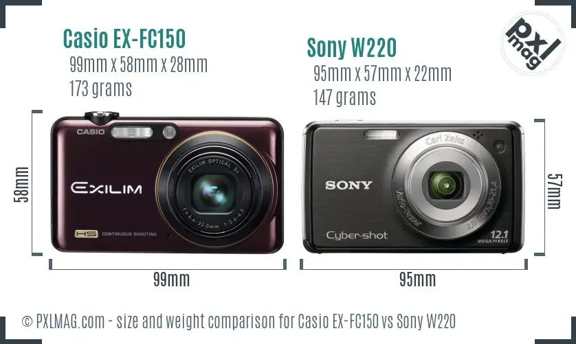 Casio EX-FC150 vs Sony W220 size comparison