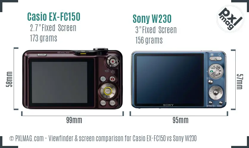 Casio EX-FC150 vs Sony W230 Screen and Viewfinder comparison