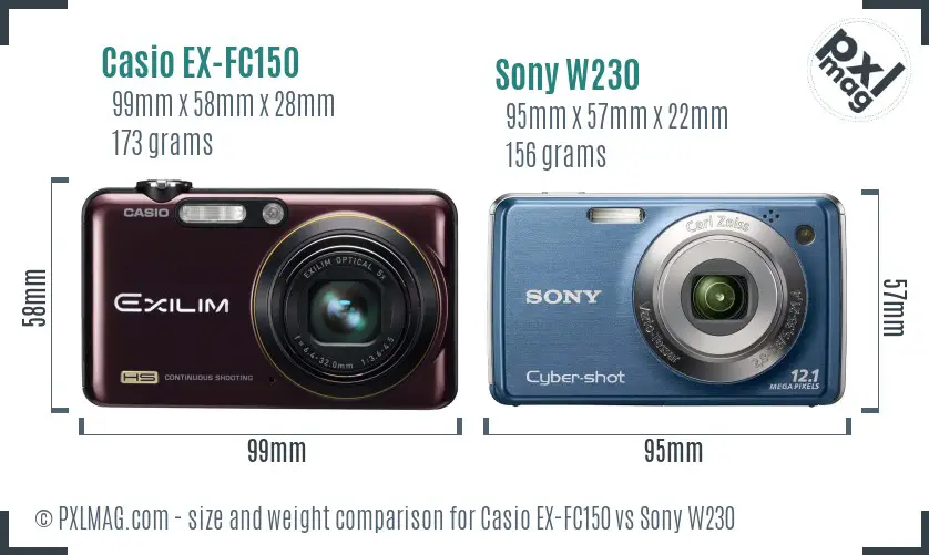 Casio EX-FC150 vs Sony W230 size comparison