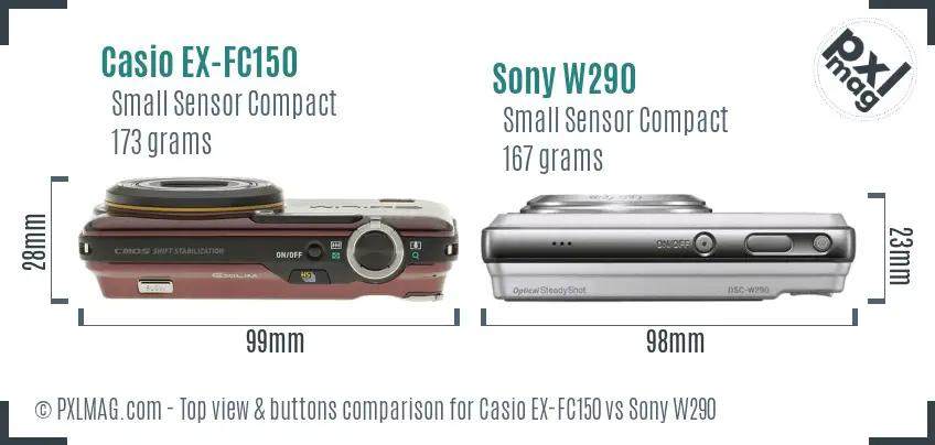 Casio EX-FC150 vs Sony W290 top view buttons comparison Casio EX-FC150 vs Sony W290 top view buttons comparison