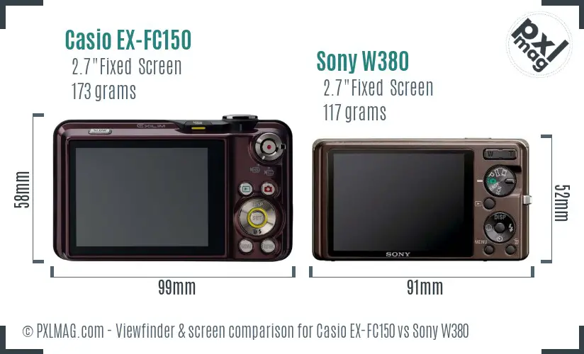 Casio EX-FC150 vs Sony W380 Screen and Viewfinder comparison