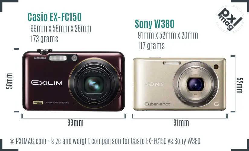 Casio EX-FC150 vs Sony W380 size comparison