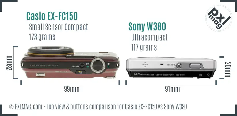 Casio EX-FC150 vs Sony W380 top view buttons comparison