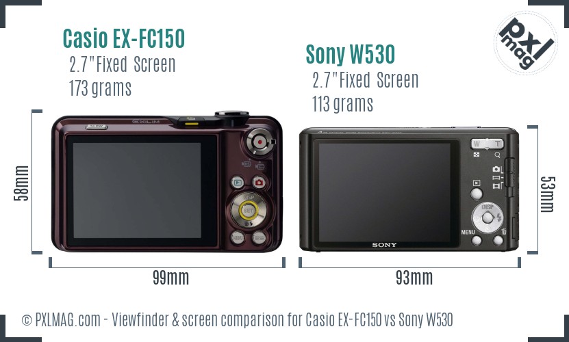Casio EX-FC150 vs Sony W530 Screen and Viewfinder comparison