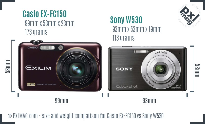 Casio EX-FC150 vs Sony W530 size comparison