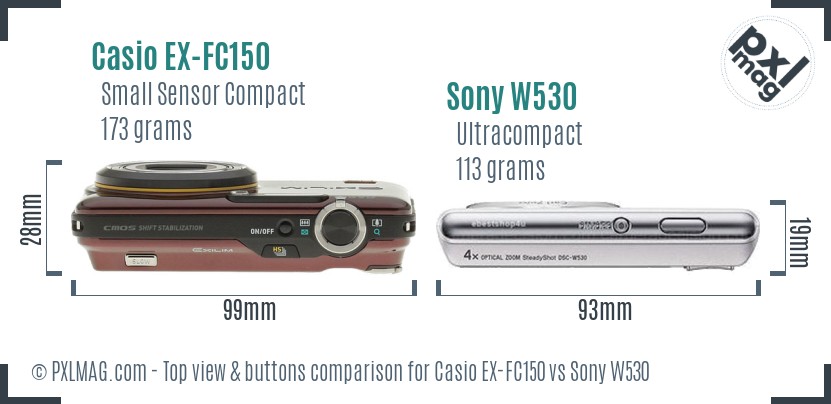 Casio EX-FC150 vs Sony W530 top view buttons comparison