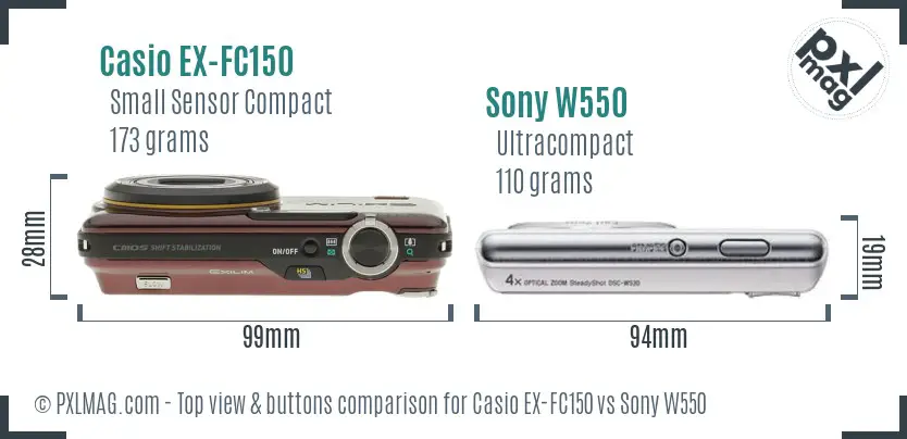 Casio EX-FC150 vs Sony W550 top view buttons comparison Casio EX-FC150 vs Sony W550 top view buttons comparison