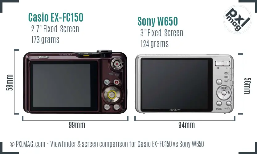 Casio EX-FC150 vs Sony W650 Screen and Viewfinder comparison
