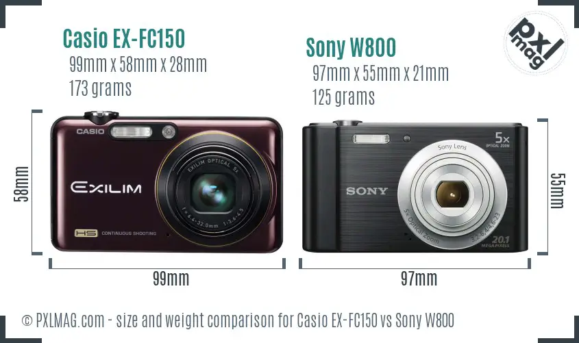 Casio EX-FC150 vs Sony W800 size comparison