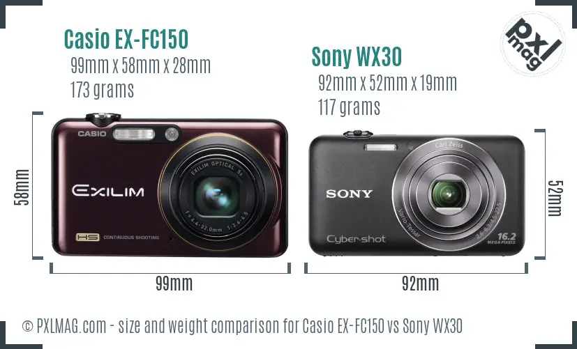 Casio EX-FC150 vs Sony WX30 size comparison