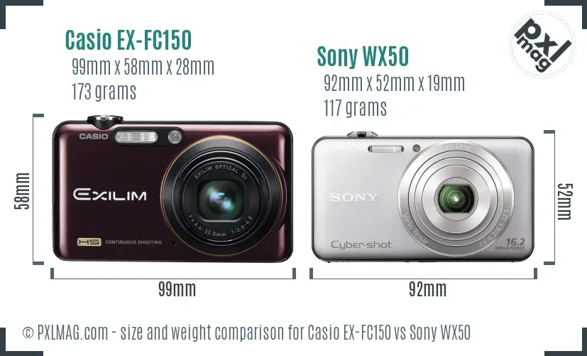Casio EX-FC150 vs Sony WX50 size comparison