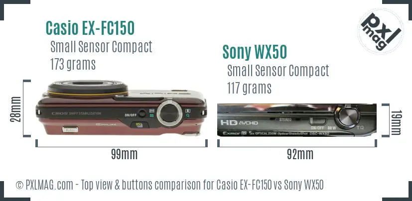 Casio EX-FC150 vs Sony WX50 top view buttons comparison