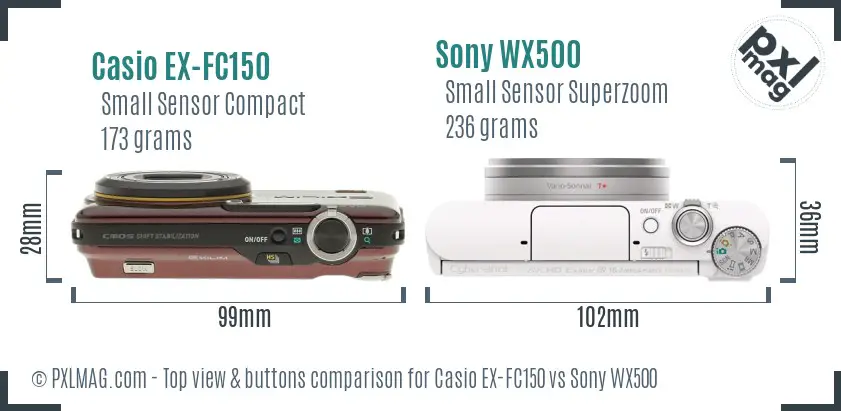 Casio EX-FC150 vs Sony WX500 top view buttons comparison Casio EX-FC150 vs Sony WX500 top view buttons comparison