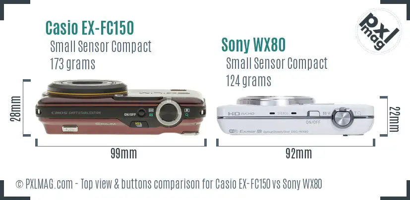 Casio EX-FC150 vs Sony WX80 top view buttons comparison Casio EX-FC150 vs Sony WX80 top view buttons comparison
