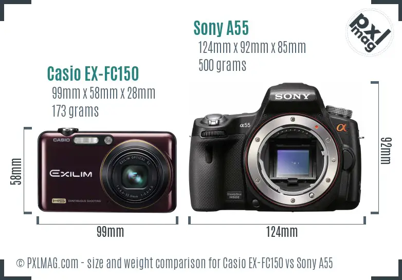 Casio EX-FC150 vs Sony A55 size comparison
