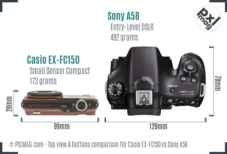 Casio EX-FC150 vs Sony A58 top view buttons comparison Casio EX-FC150 vs Sony A58 top view buttons comparison