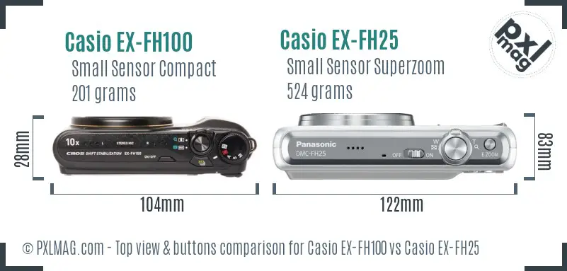 Casio EX-FH100 vs Casio EX-FH25 top view buttons comparison