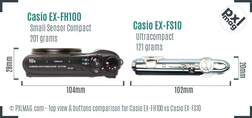 Casio EX-FH100 vs Casio EX-FS10 top view buttons comparison