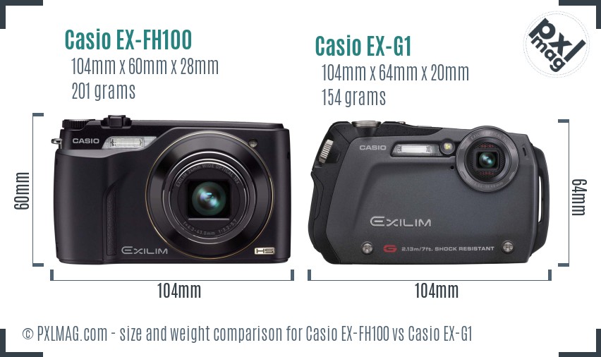 Casio EX-FH100 vs Casio EX-G1 size comparison