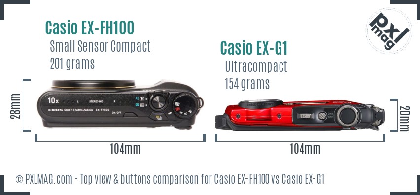 Casio EX-FH100 vs Casio EX-G1 top view buttons comparison