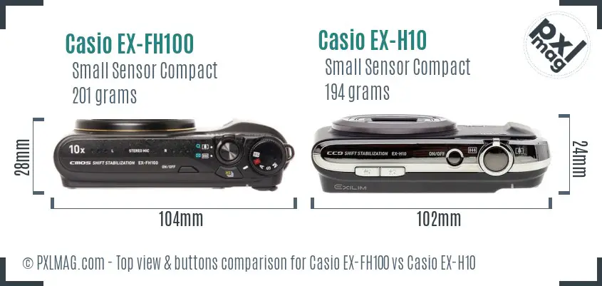 Casio EX-FH100 vs Casio EX-H10 top view buttons comparison