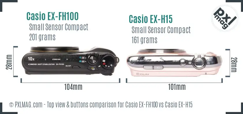 Casio EX-FH100 vs Casio EX-H15 top view buttons comparison