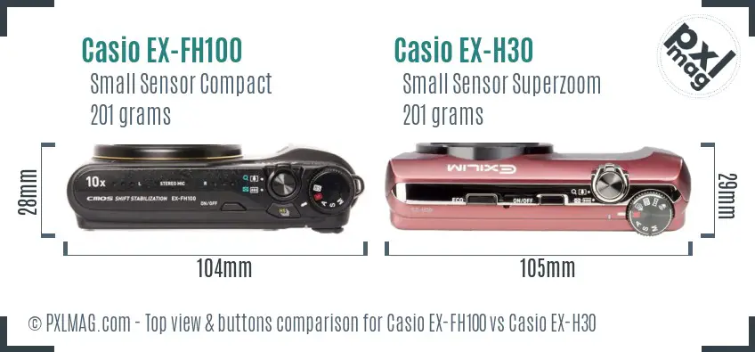 Casio EX-FH100 vs Casio EX-H30 top view buttons comparison