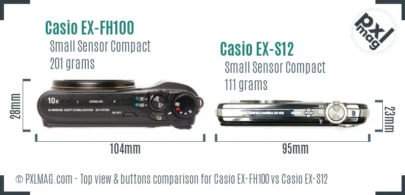 Casio EX-FH100 vs Casio EX-S12 top view buttons comparison