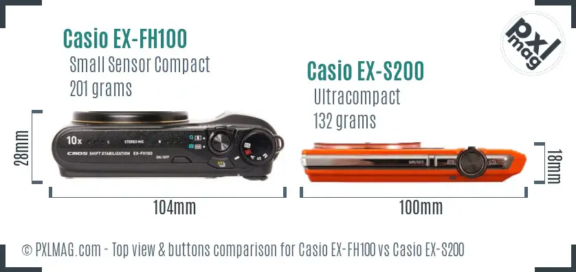 Casio EX-FH100 vs Casio EX-S200 top view buttons comparison