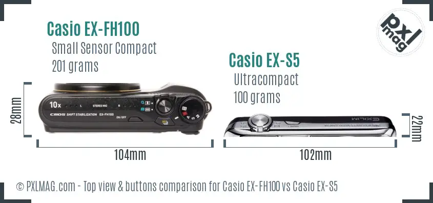 Casio EX-FH100 vs Casio EX-S5 top view buttons comparison