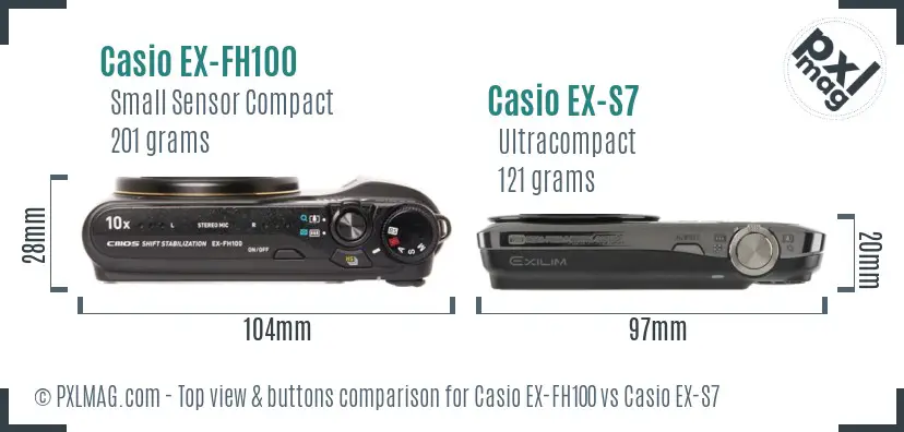Casio EX-FH100 vs Casio EX-S7 top view buttons comparison