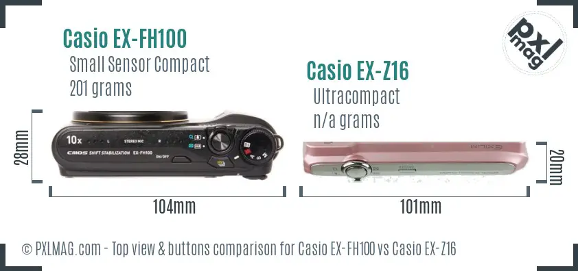 Casio EX-FH100 vs Casio EX-Z16 top view buttons comparison