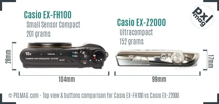 Casio EX-FH100 vs Casio EX-Z2000 top view buttons comparison Casio EX-FH100 vs Casio EX-Z2000 top view buttons comparison