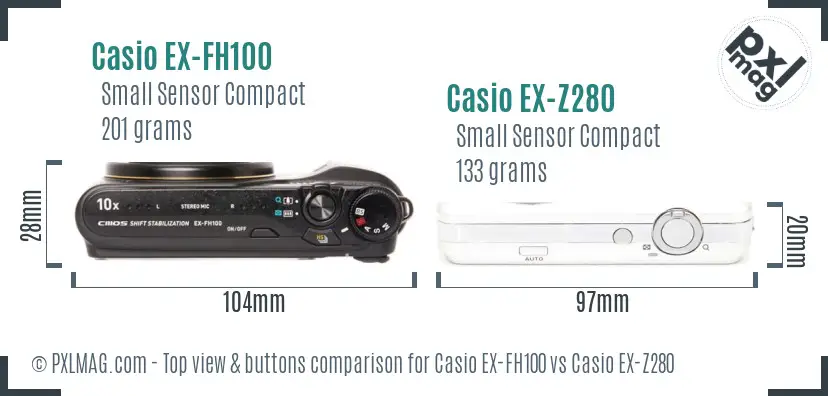 Casio EX-FH100 vs Casio EX-Z280 top view buttons comparison